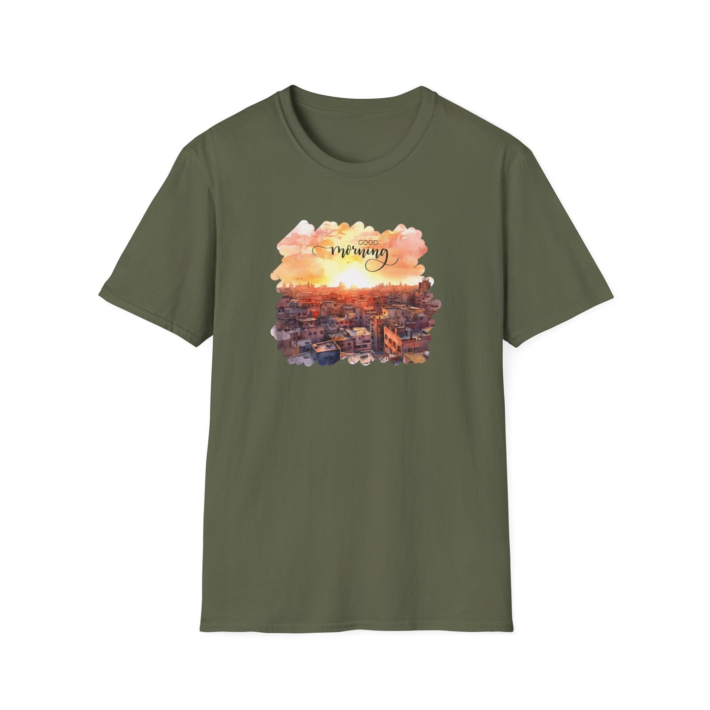 Cityscape Sunrise Unisex T-Shirt with 'Good Morning' Graphic