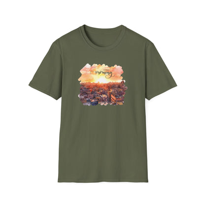 Cityscape Sunrise Unisex T-Shirt with 'Good Morning' Graphic