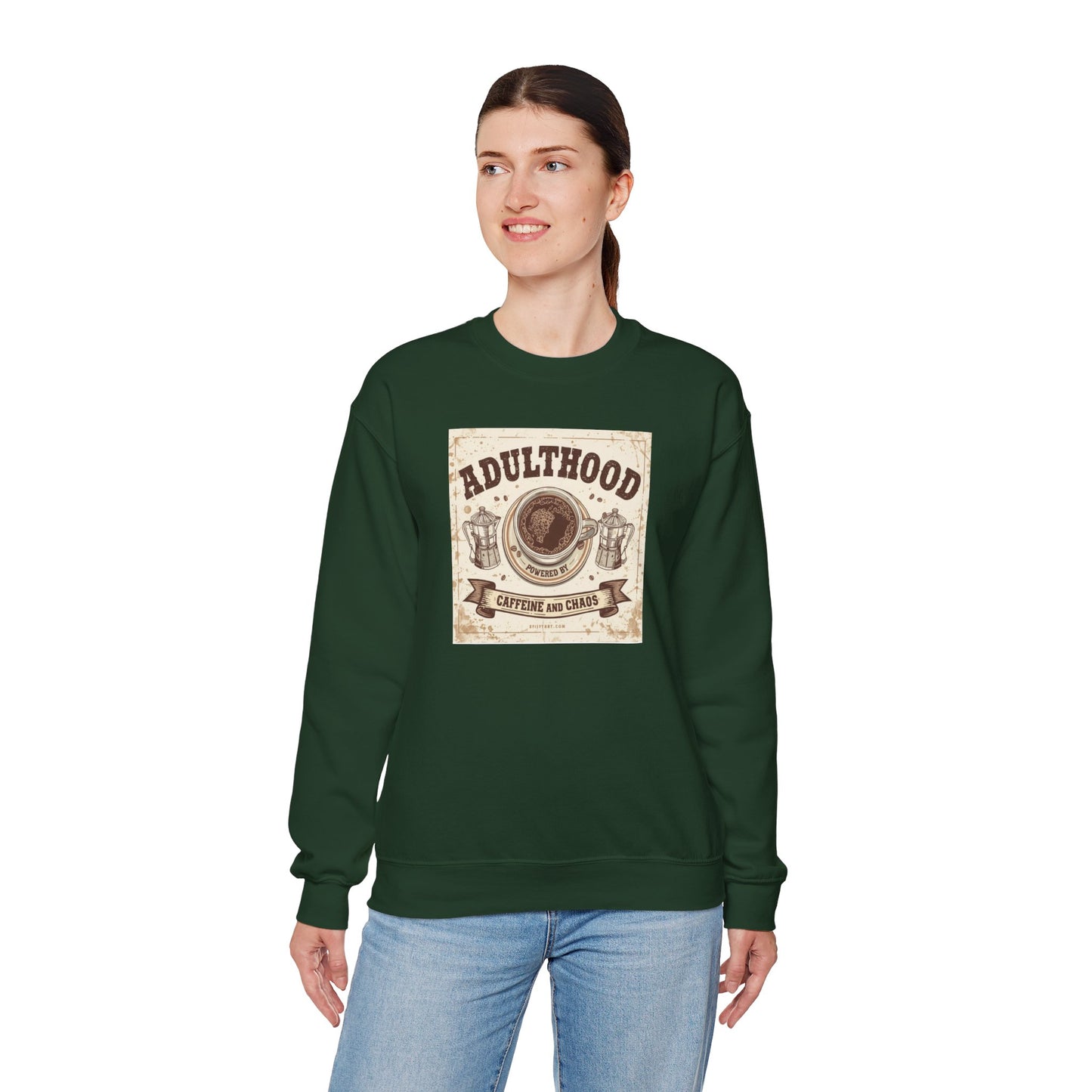 Adulthood Powered by Caffeine and Chaos Sweatshirt — Coffee & Old West Wanted Poster Graphic