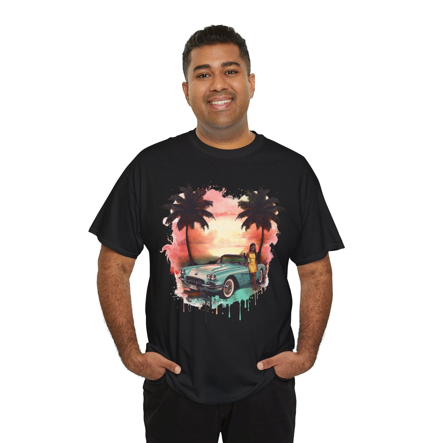 Sunset Muscle Car Tee — African American Woman Graphic T-Shirt