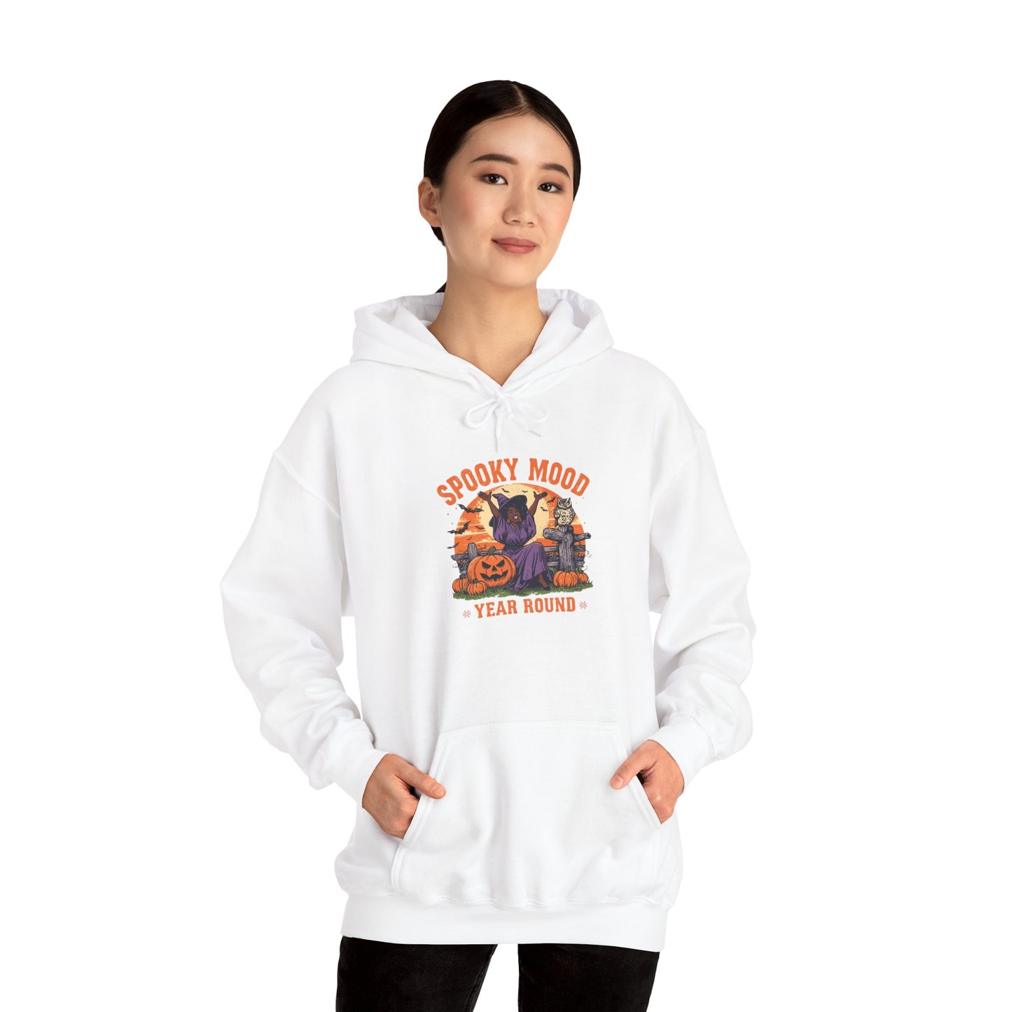 Spooky Mood Year-Round Witch Hoodie — Happy Black Witch with Pumpkins & Bats