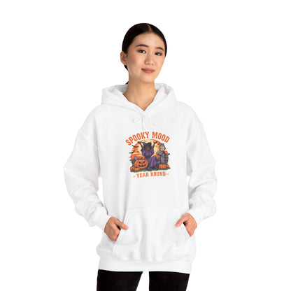 Spooky Mood Year-Round Witch Hoodie — Happy Black Witch with Pumpkins & Bats