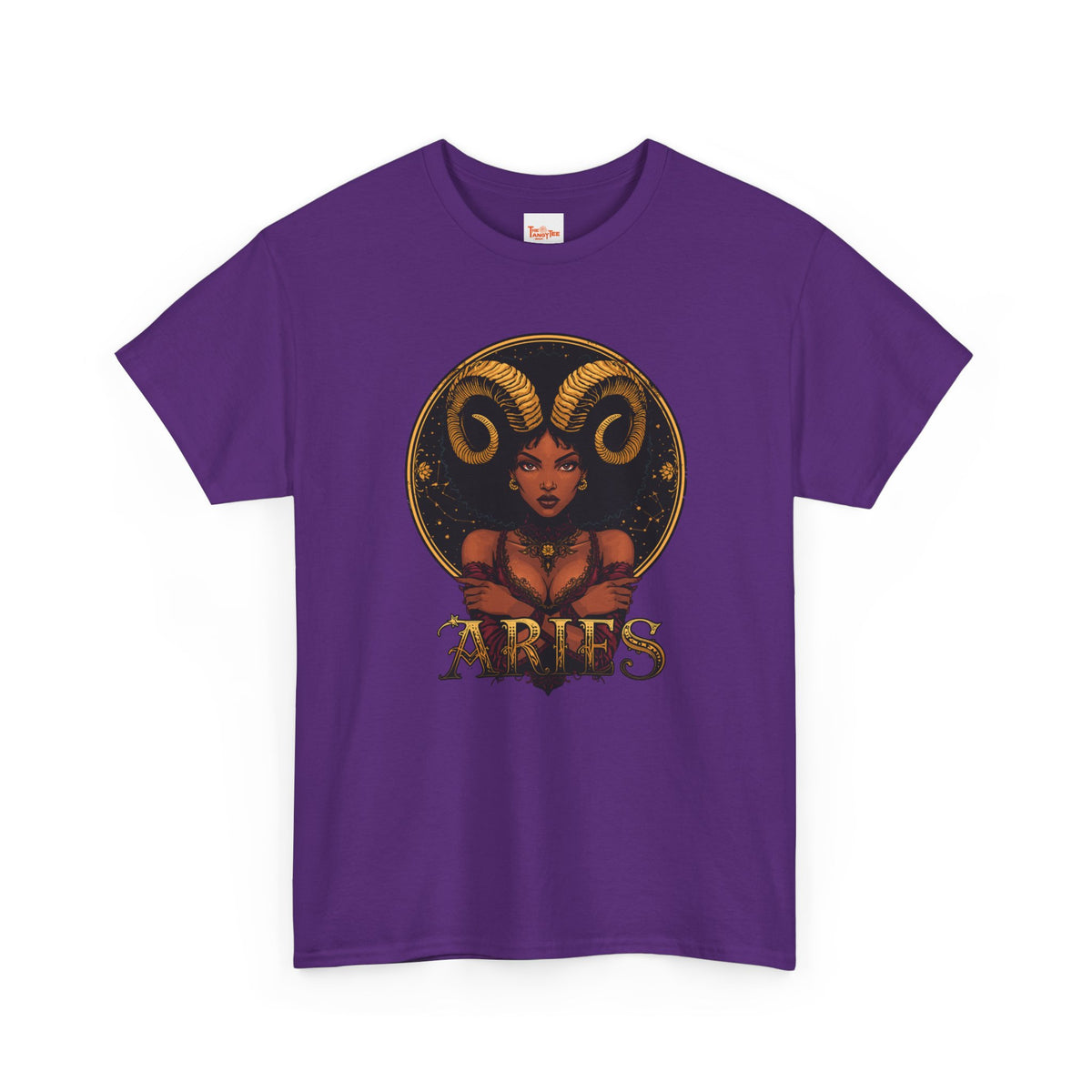 Aries Art Nouveau Tee — African American Woman with Ram Horns Zodiac Graphic