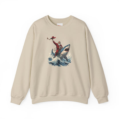 Santa Riding a Shark Sweatshirt — Funny Holiday Shark Claus Crewneck