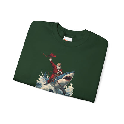 Santa Riding a Shark Sweatshirt — Funny Holiday Shark Claus Crewneck