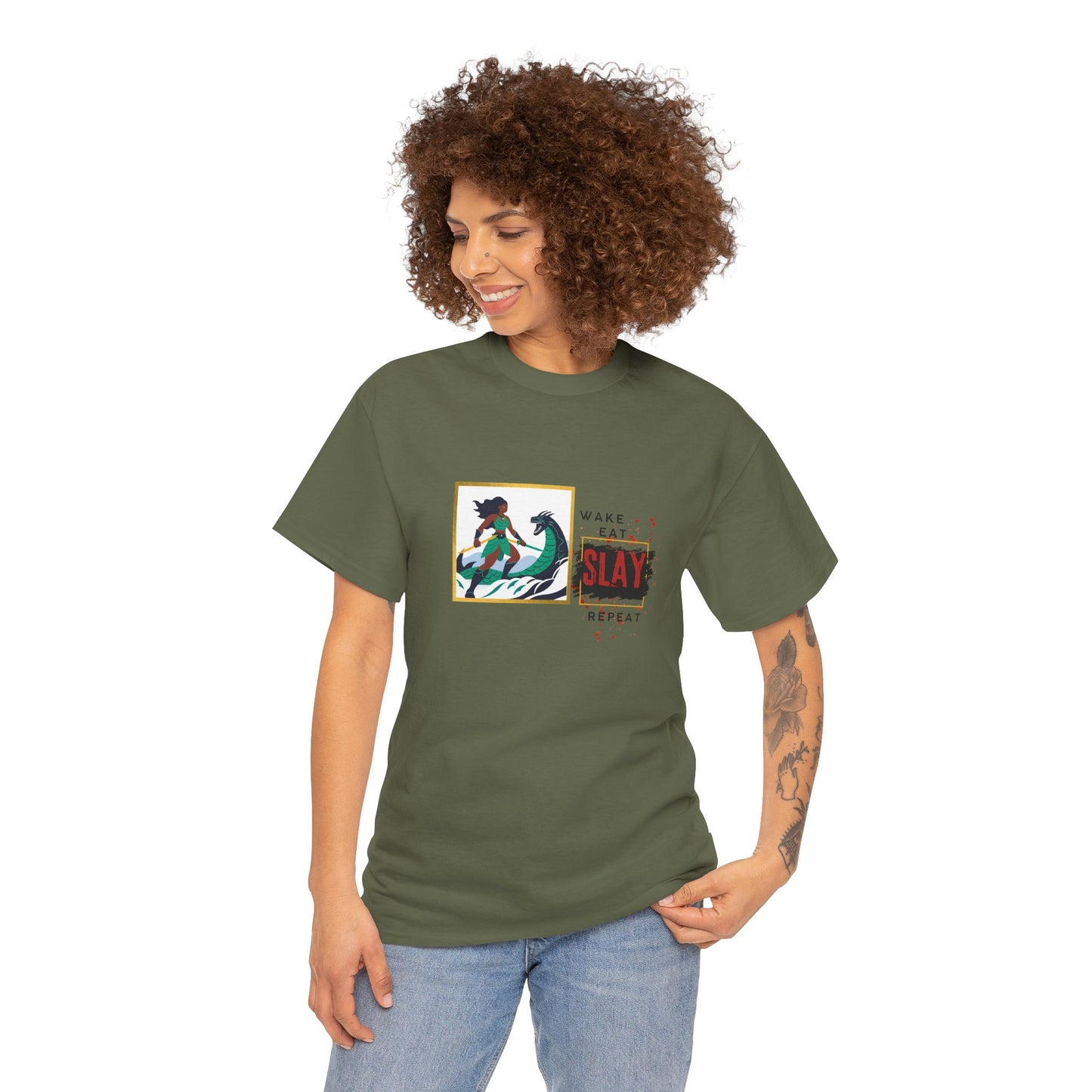 Wake Eat Slay Repeat Unisex Tee - Black Woman Sea Monster Graphic