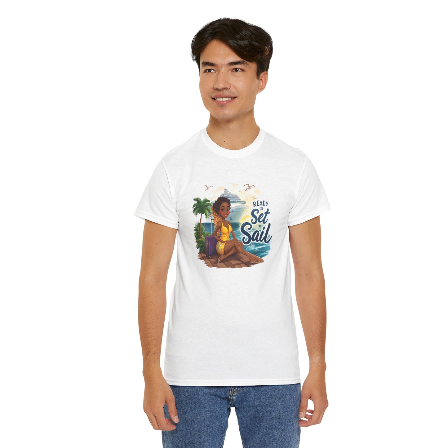 Ready to Set Sail T‑Shirt — Black Woman in Yellow Dress Pier & Cruise Ship Graphic