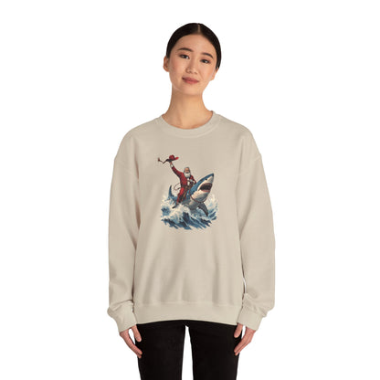 Santa Riding a Shark Sweatshirt — Funny Holiday Shark Claus Crewneck