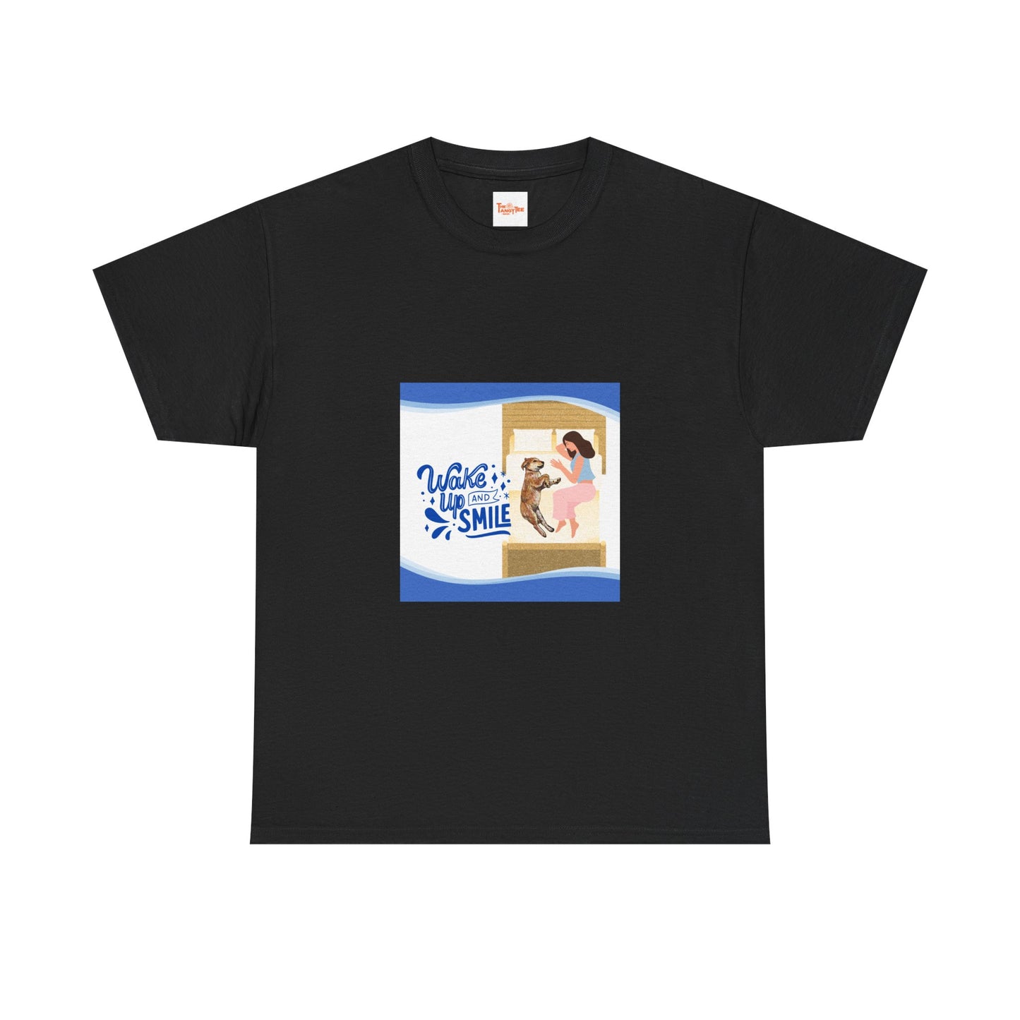 Graphic Tee - Wake up and Smile, Woman and Dog in Bed Design