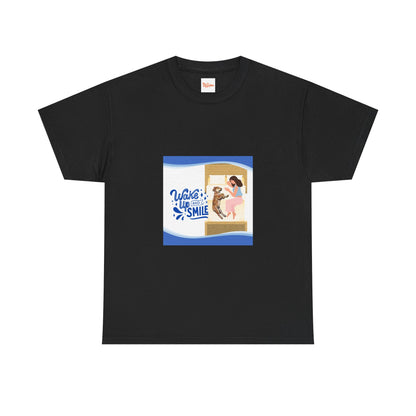 Graphic Tee - Wake up and Smile, Woman and Dog in Bed Design