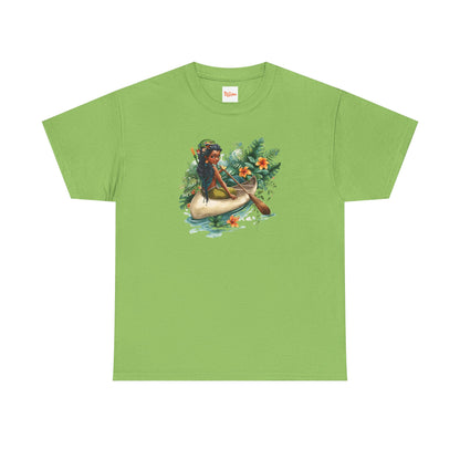 Mermaid Canoe T-Shirt — Black Mermaid Rowing Through Jungle with Frog Graphic