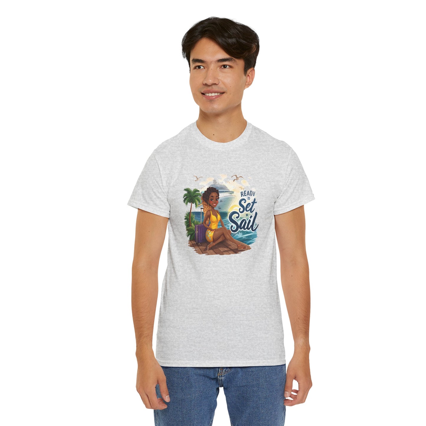 Ready to Set Sail T‑Shirt — Black Woman in Yellow Dress Pier & Cruise Ship Graphic