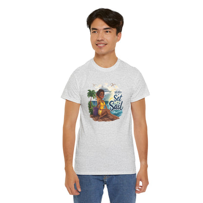 Ready to Set Sail T‑Shirt — Black Woman in Yellow Dress Pier & Cruise Ship Graphic