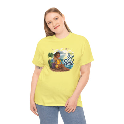 Ready to Set Sail T‑Shirt — Black Woman in Yellow Dress Pier & Cruise Ship Graphic
