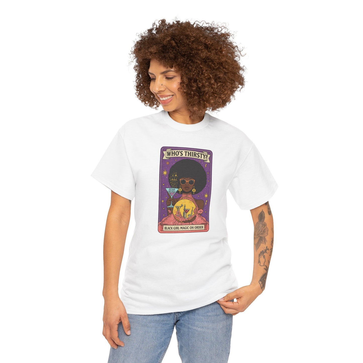 Tarot 'Who's Thirsty?' Graphic T‑Shirt — Retro Afro Witch Cocktail Design