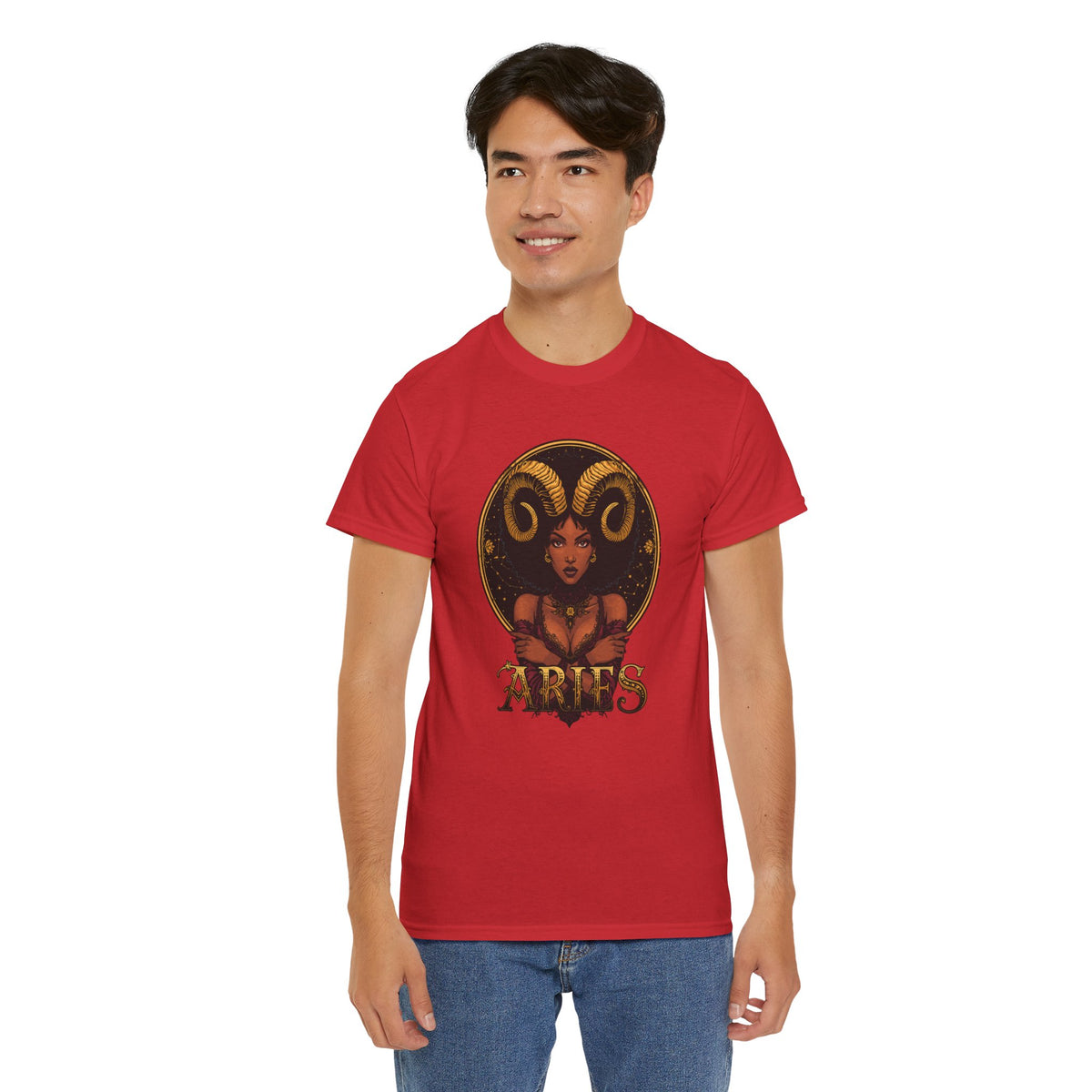 Aries Art Nouveau Tee — African American Woman with Ram Horns Zodiac Graphic