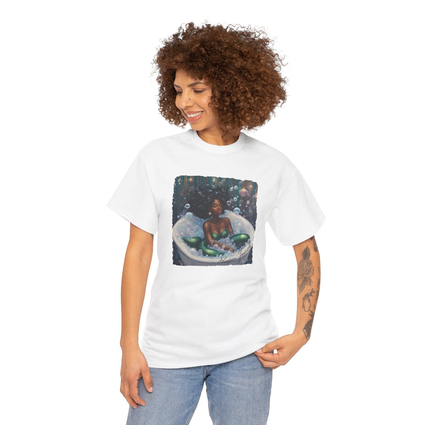 Pamper Yourself Black Mermaid Tee — Relaxing Bathtub Graphic