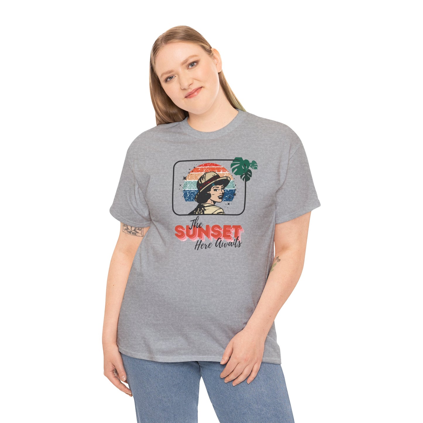 Sunset Awaits Graphic Tee — Woman in Pith Helmet Sunset Design