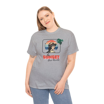 Sunset Awaits Graphic Tee — Woman in Pith Helmet Sunset Design