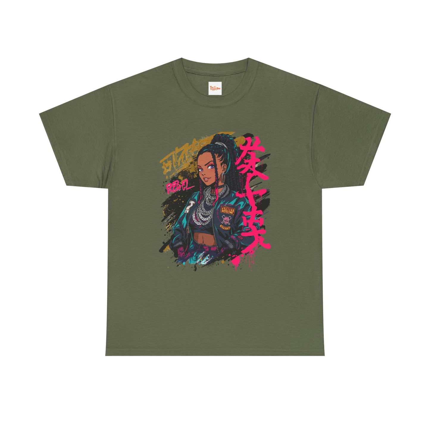 Rebel African American Anime Woman Graphic Tee — Graffiti & Asian Symbol Design