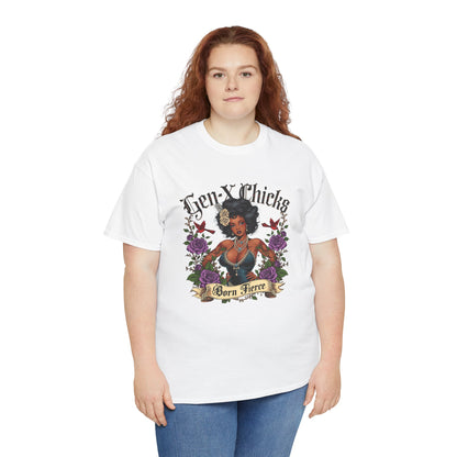 Gen X Chicks Born Fierce T-Shirt — Retro African American Rocker with Purple Flowers