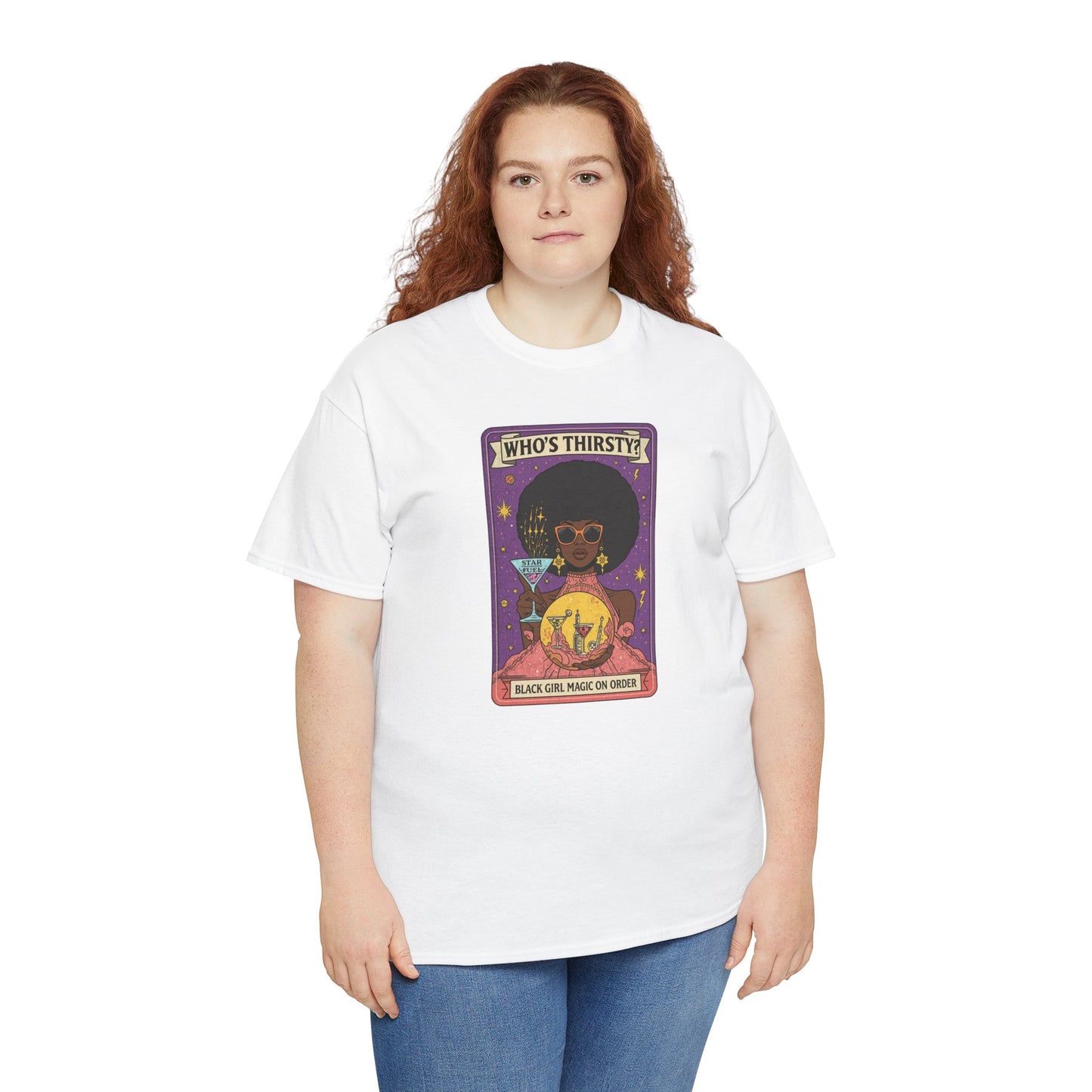 Tarot 'Who's Thirsty?' Graphic T‑Shirt — Retro Afro Witch Cocktail Design