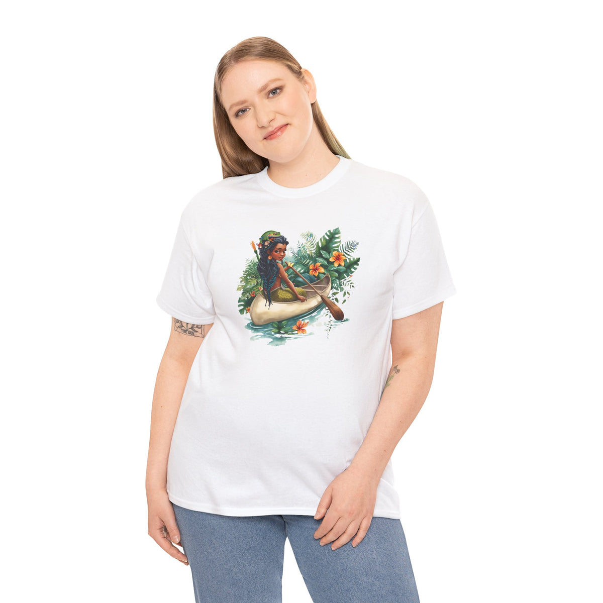 Mermaid Canoe T-Shirt — Black Mermaid Rowing Through Jungle with Frog Graphic