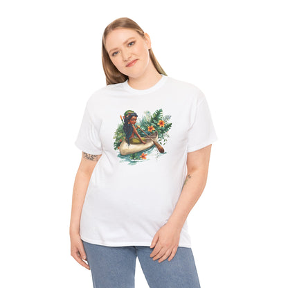 Mermaid Canoe T-Shirt — Black Mermaid Rowing Through Jungle with Frog Graphic