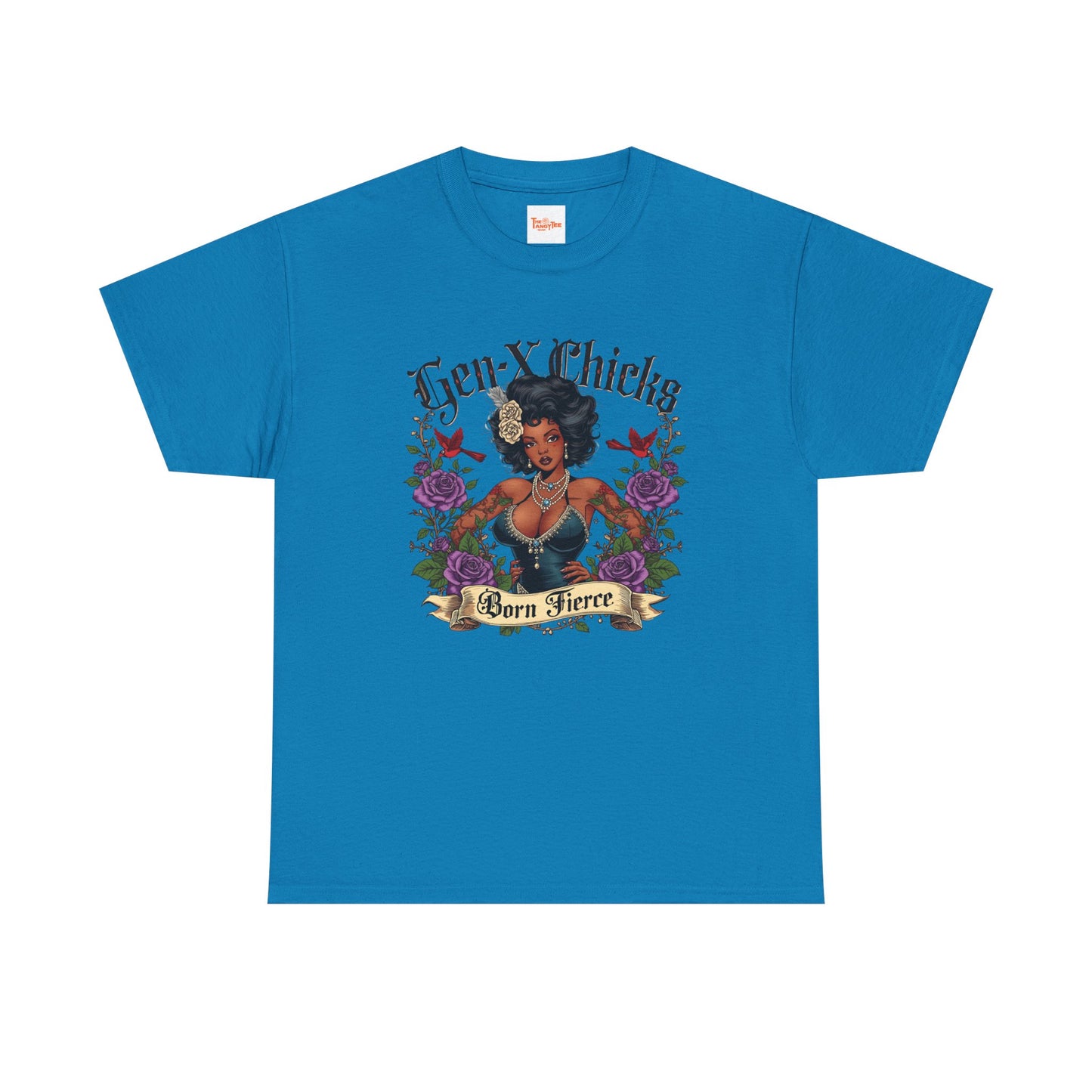 Gen X Chicks Born Fierce T-Shirt — Retro African American Rocker with Purple Flowers