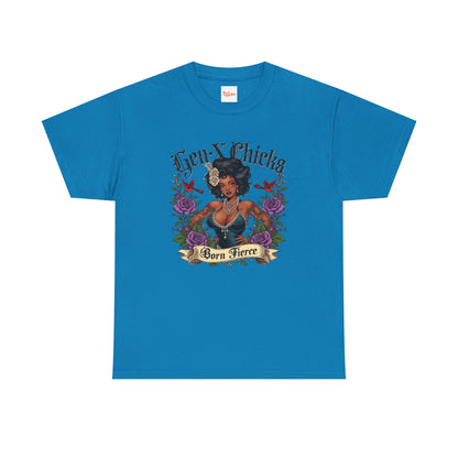 Gen X Chicks Born Fierce T-Shirt — Retro African American Rocker with Purple Flowers
