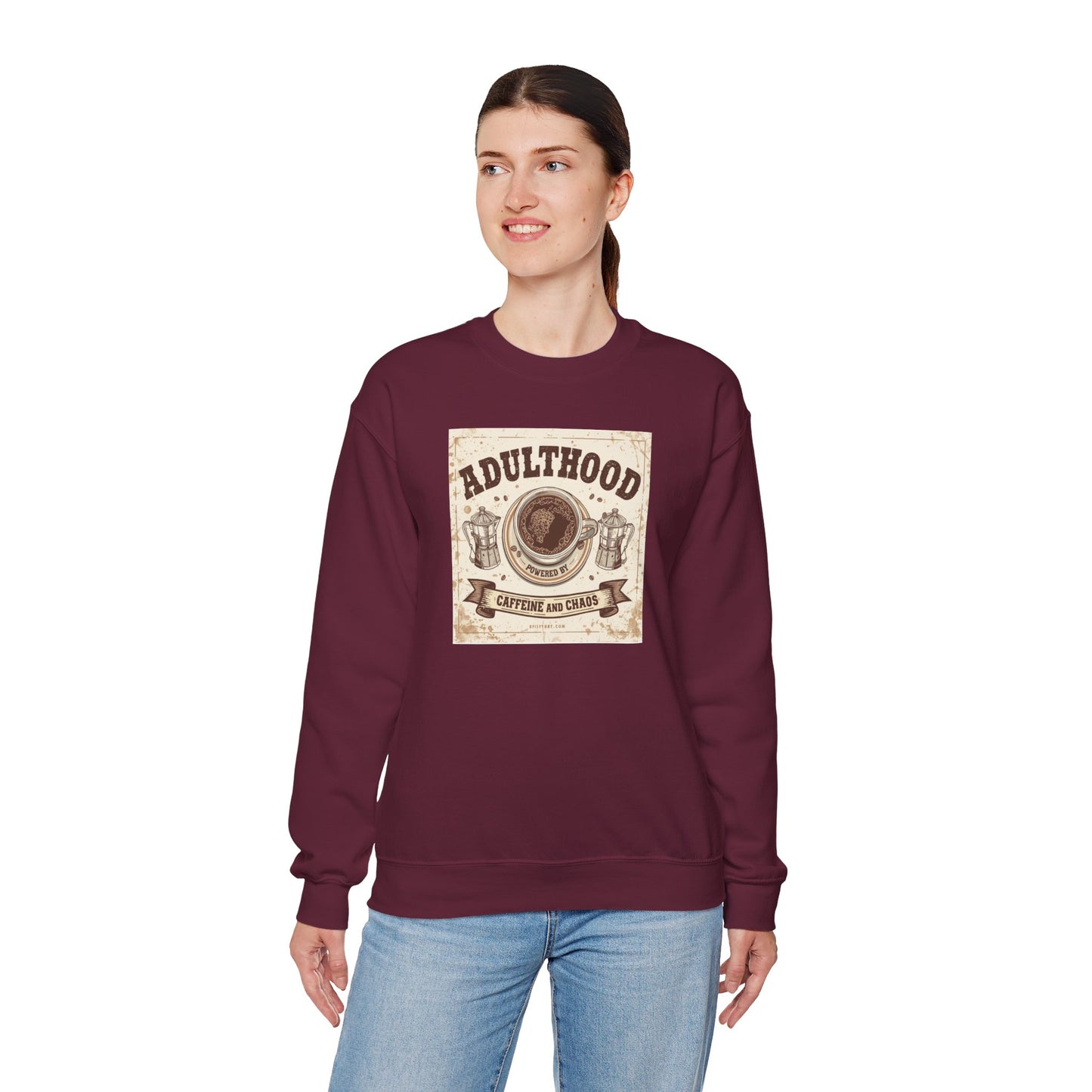 Adulthood Powered by Caffeine and Chaos Sweatshirt — Coffee & Old West Wanted Poster Graphic