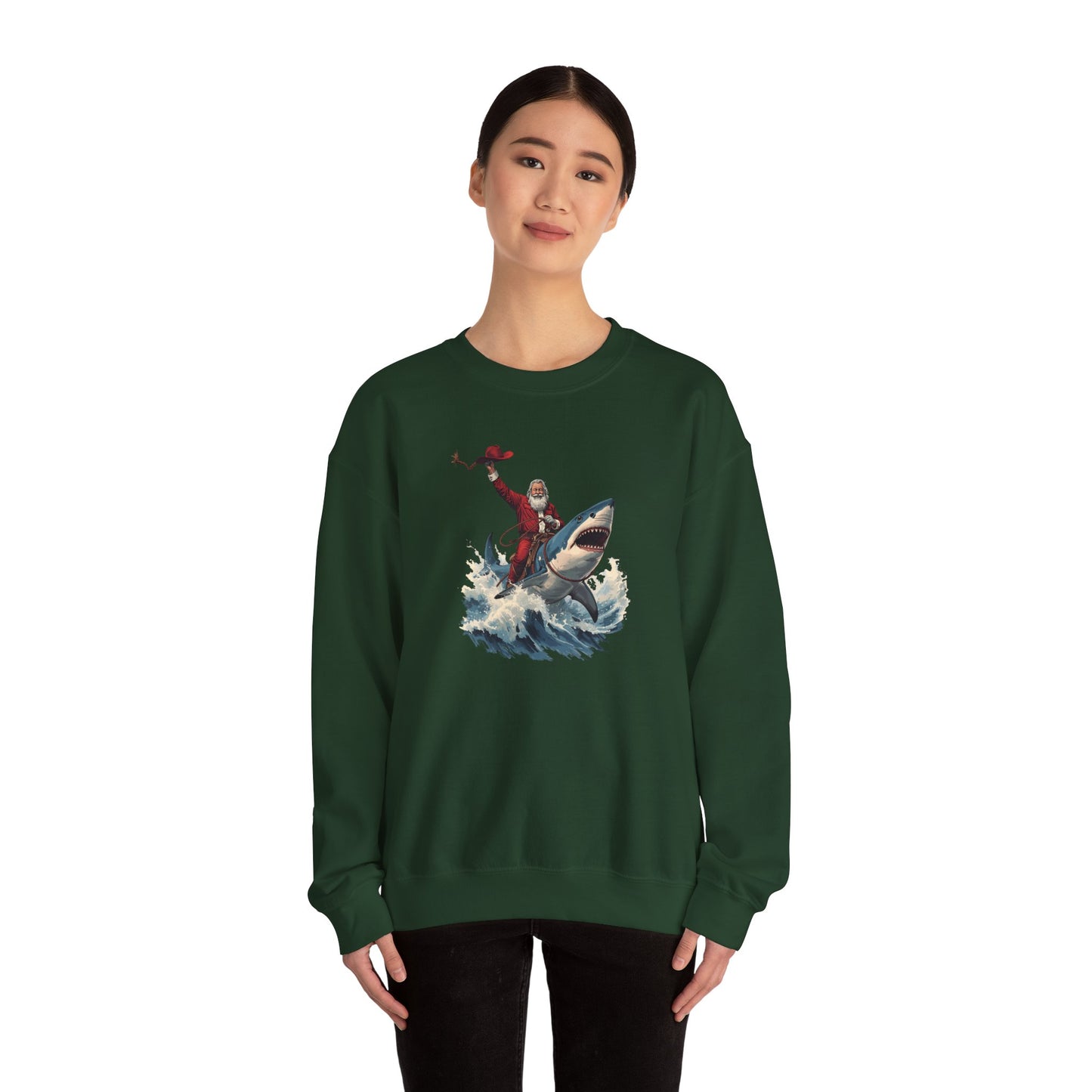 Santa Riding a Shark Sweatshirt — Funny Holiday Shark Claus Crewneck