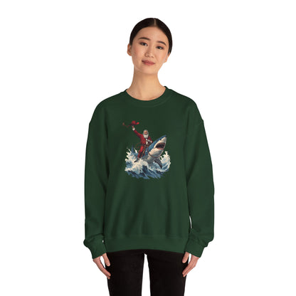 Santa Riding a Shark Sweatshirt — Funny Holiday Shark Claus Crewneck