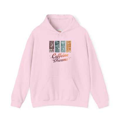 Caffeine Dreams Hoodie — Four-Panel Coffee Graphic