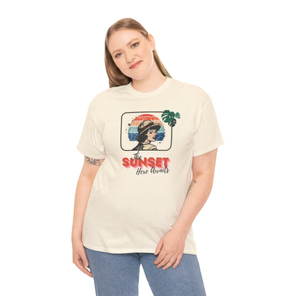 Sunset Awaits Graphic Tee — Woman in Pith Helmet Sunset Design