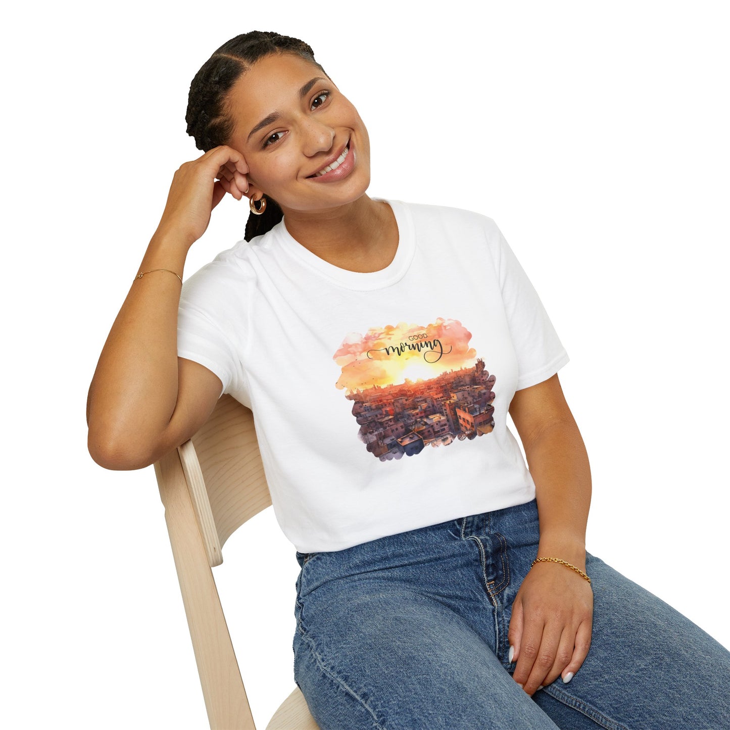 Cityscape Sunrise Unisex T-Shirt with 'Good Morning' Graphic