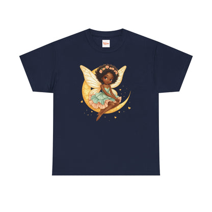 African American Fairy on Crescent Moon T-Shirt — Pink & Mint Fantasy Tee