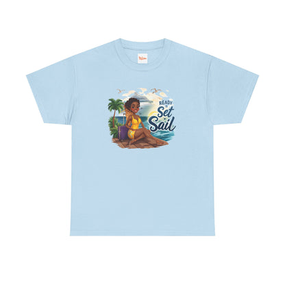 Ready to Set Sail T‑Shirt — Black Woman in Yellow Dress Pier & Cruise Ship Graphic
