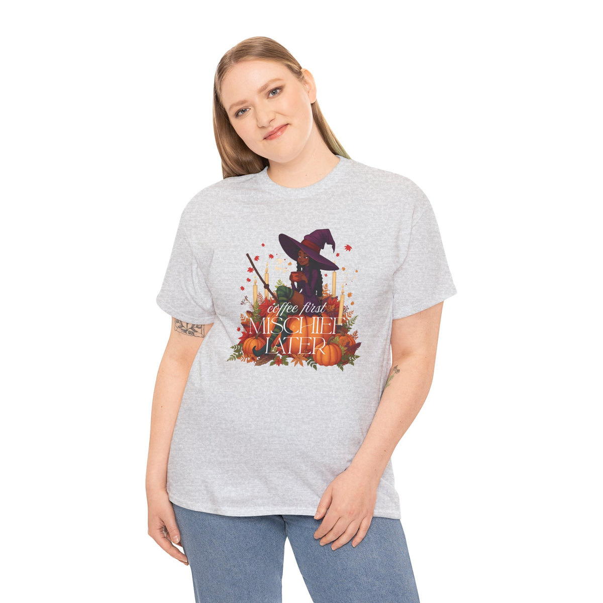 Witchy Pumpkin Patch Tee — "Coffee First, Mischief Later" Black Witch Latte Graphic