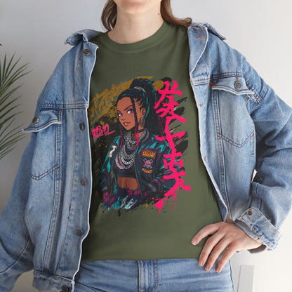 Rebel African American Anime Woman Graphic Tee — Graffiti & Asian Symbol Design