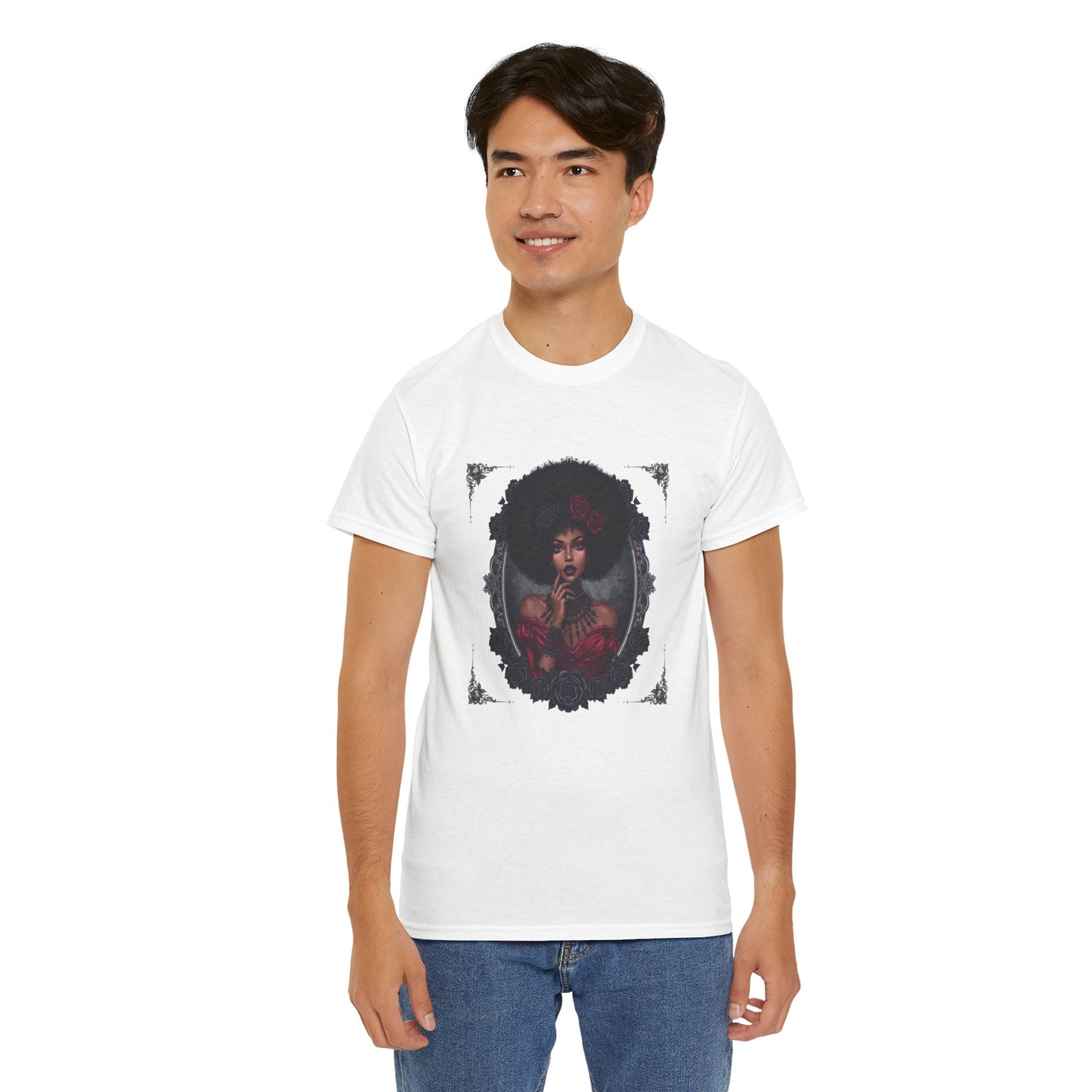 Gothic Afro Rose T-Shirt — Gothic Black Woman Graphic Tee