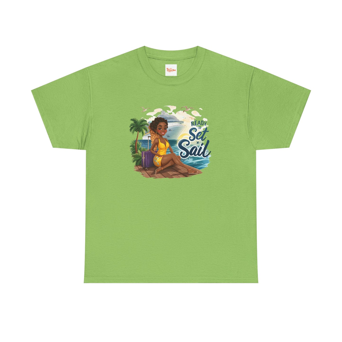 Ready to Set Sail T‑Shirt — Black Woman in Yellow Dress Pier & Cruise Ship Graphic