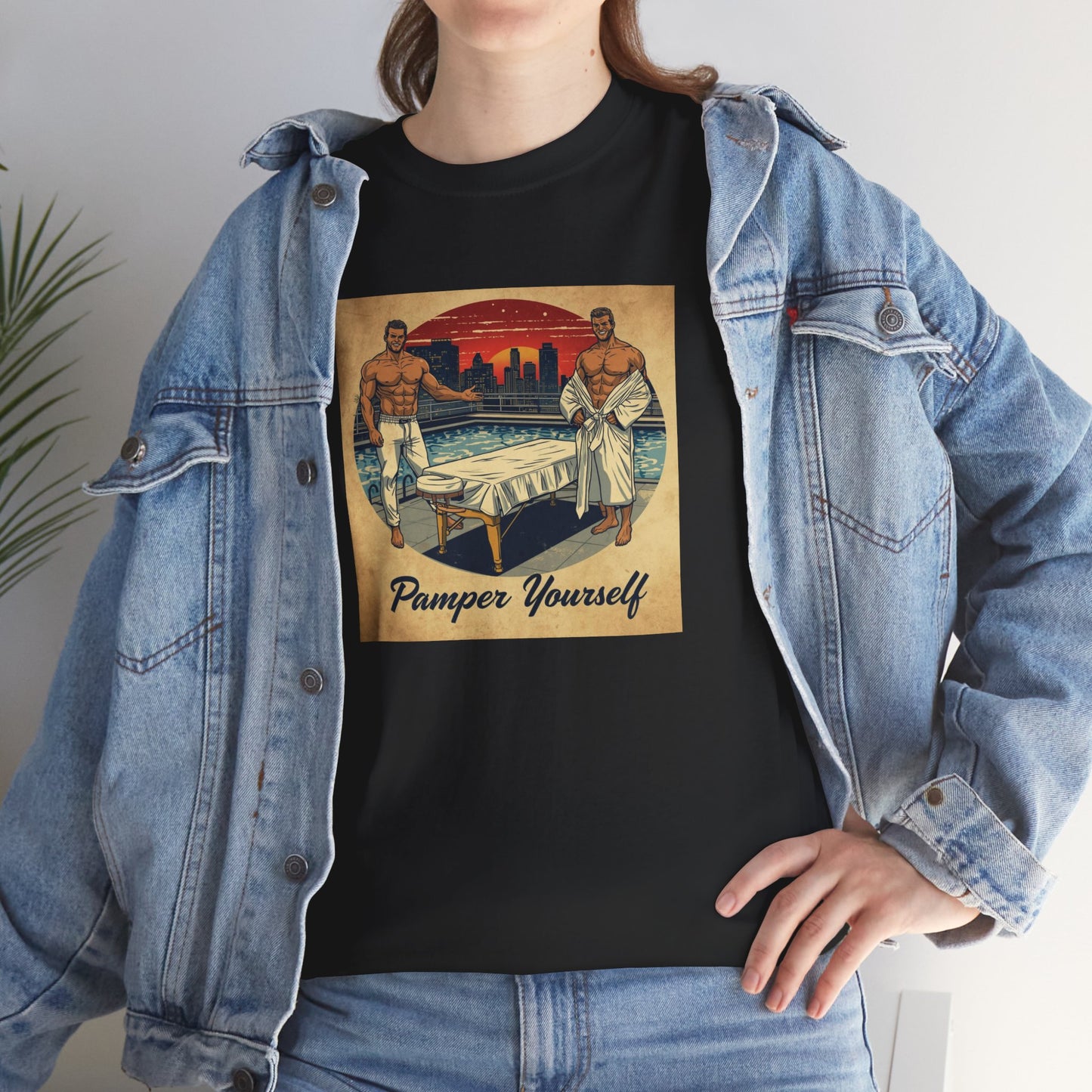 Pamper Yourself Rooftop Sunset Tee — Muscular Men Massage Graphic T-Shirt