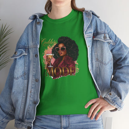 Goddess Vibes Tee — Black Woman in Burgundy Fur Holding Champagne