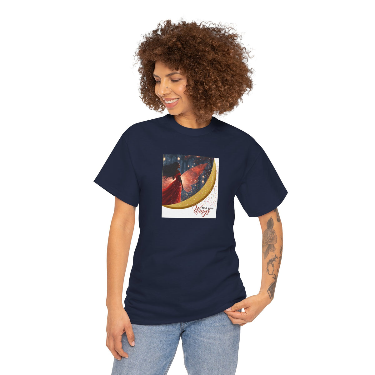 Find Your Wings T-Shirt — Black Woman Night Forest Graphic Tee with Glitter Wings