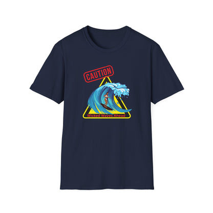 Surfer Caution Unisex T-Shirt - Wicked Waves Ahead Graphic