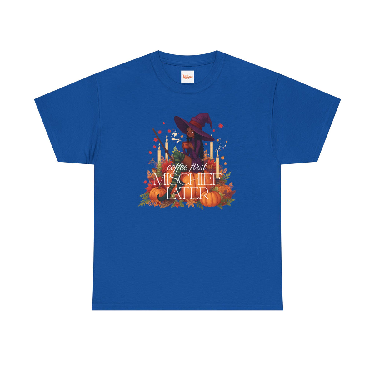 Witchy Pumpkin Patch Tee — "Coffee First, Mischief Later" Black Witch Latte Graphic