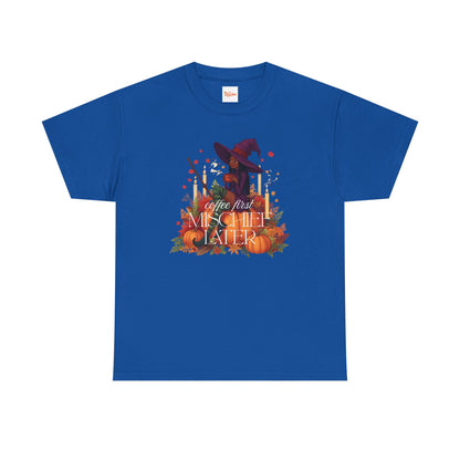 Witchy Pumpkin Patch Tee — "Coffee First, Mischief Later" Black Witch Latte Graphic