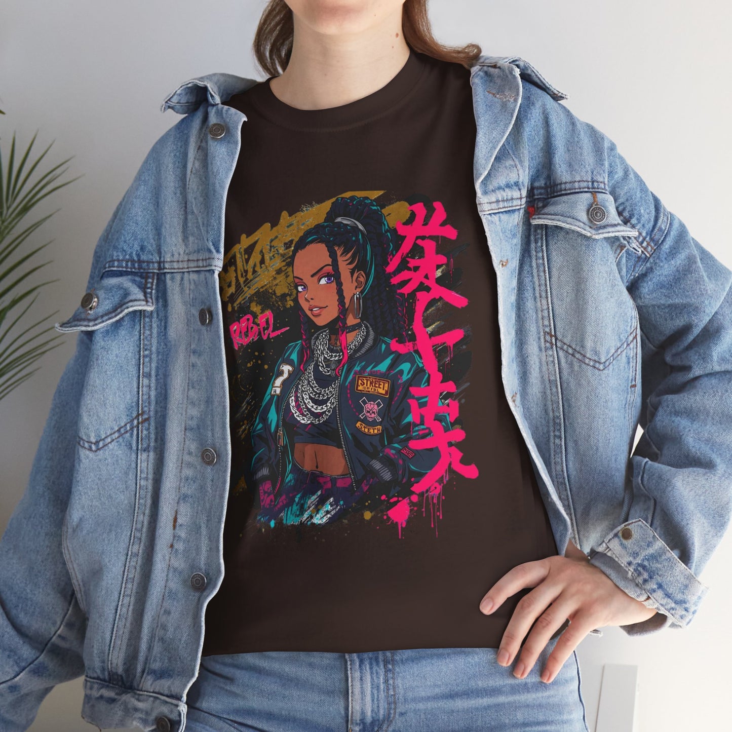 Rebel African American Anime Woman Graphic Tee — Graffiti & Asian Symbol Design
