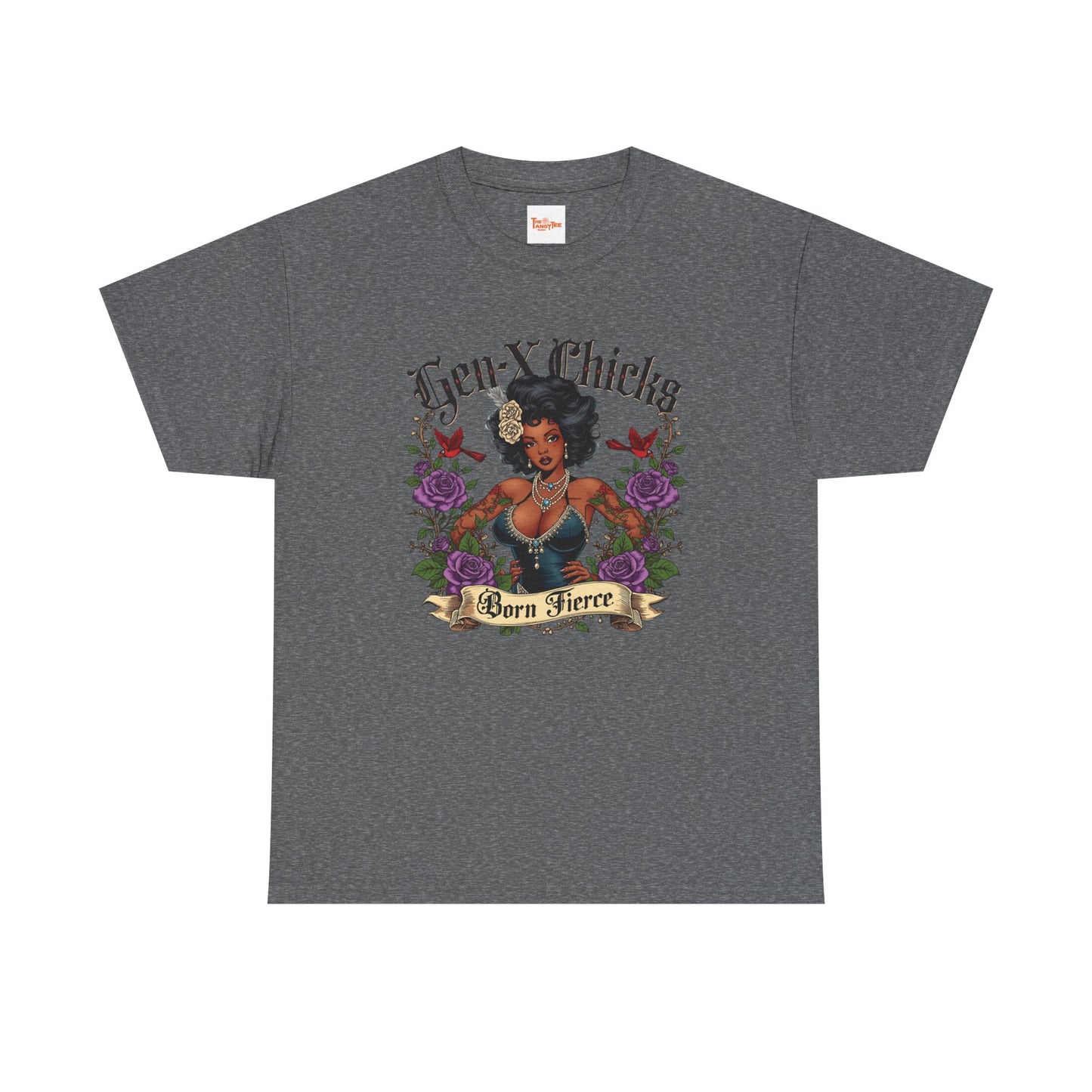 Gen X Chicks Born Fierce T-Shirt — Retro African American Rocker with Purple Flowers